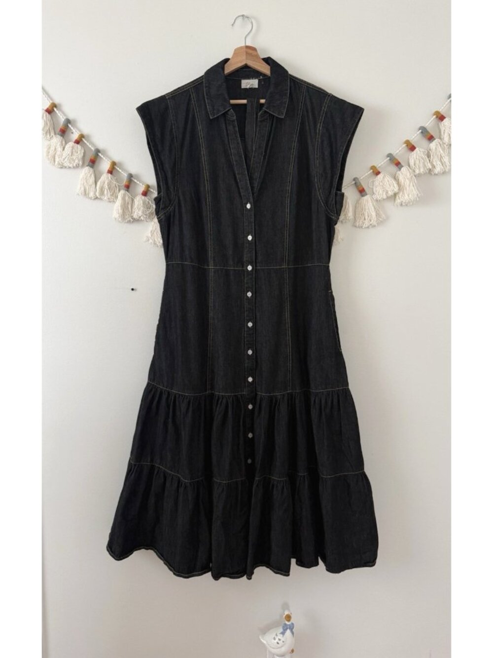 Elan Evereve Dark Wash Denim Tiered Cap Sleeve Midi Shirt Dress Minimalist XL